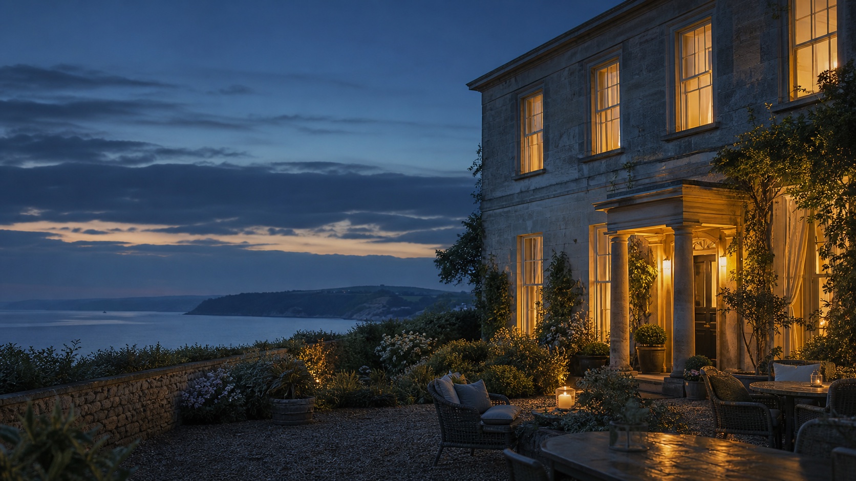 A fictional coastal hotel with warmly lit windows at dusk